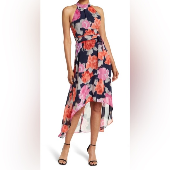 NWT Eliza J Sleeveless Floral Chiffon High-Low Maxi Dress w Mock Halter Neck - Picture 1 of 8
